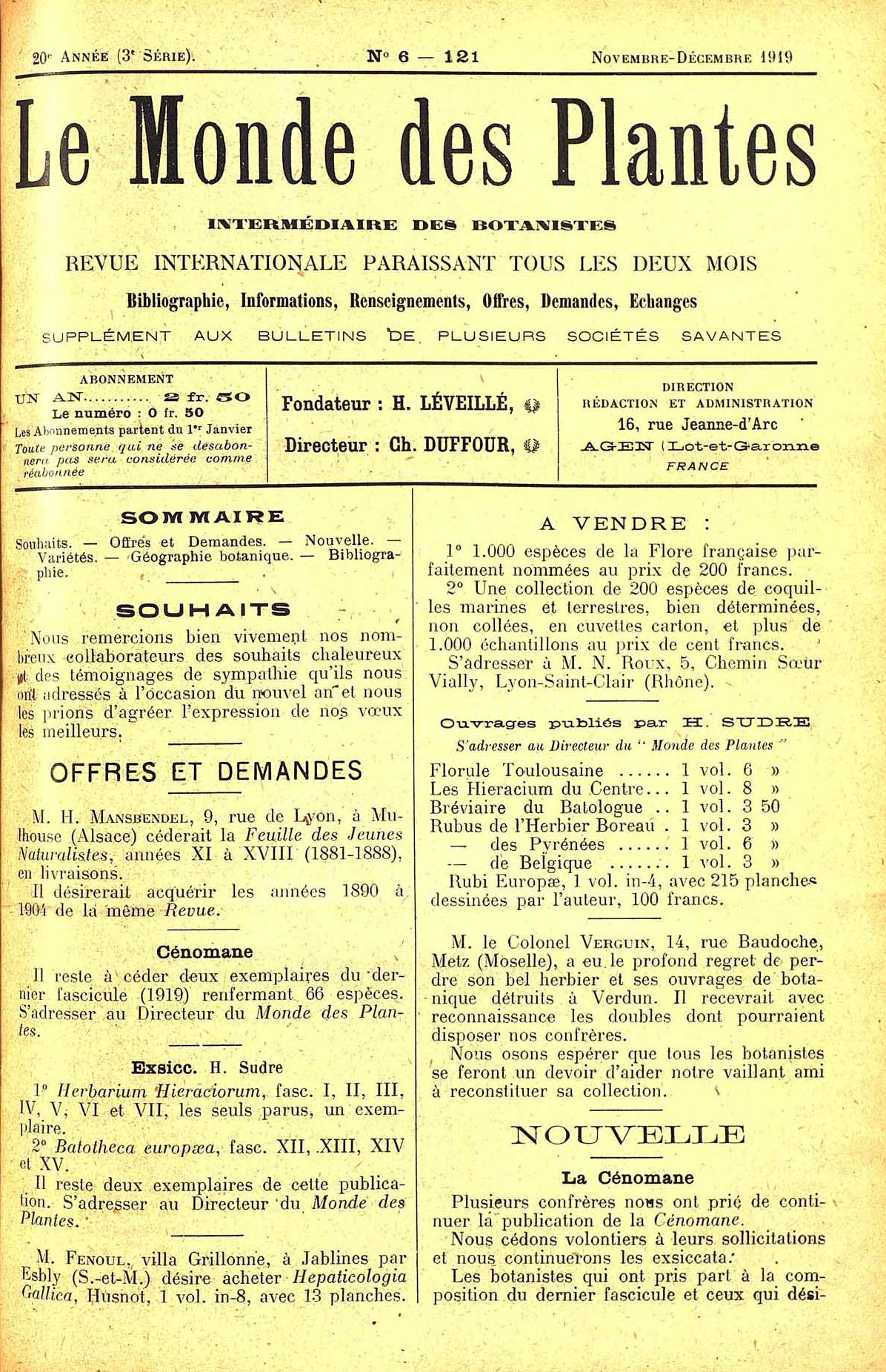 Le Monde des Plantes Novembre-Décembre 1912 - Offre de Mr H. MANSBENDEL, 9 rue de Lyon à Mulhouse.